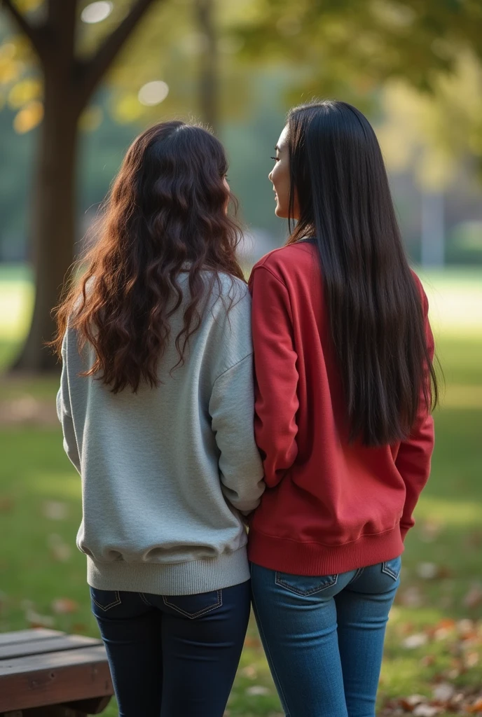 A 25-year-old, 150-pound Brazilian woman with long, dark straight hair and wearing a sweatshirt , in a sweatshirt sitting on a park bench with her friend standing next to her , square background full body looking forward