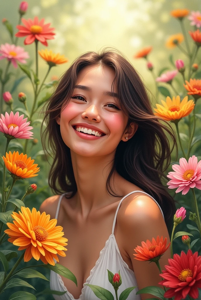 happy woman with flowers