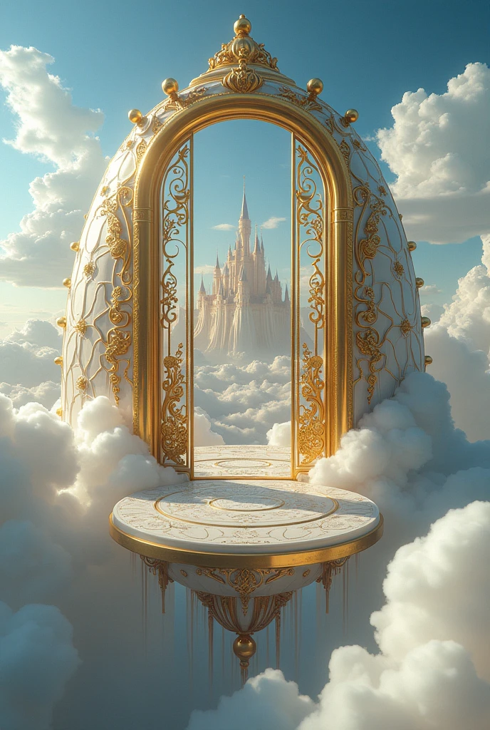 Generate a kingdom in the sky of gold with glass windows 2 meters high and 15 meters wide with a gold wall and two main doors with pearls in the clouds and in the background you can see a huge castle like a real photo 