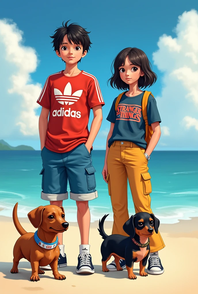 Boy with luffy shirt commando pants Adidas forum shoes Tomas Shelby haircut, Girl with a Stranger Things shirt with bell-bottom cargo pants and Adidas shoes, short wavy hair along with a brown dachshund dog and a small black Chihuahua dog with a beach on its neck that says Luffy
