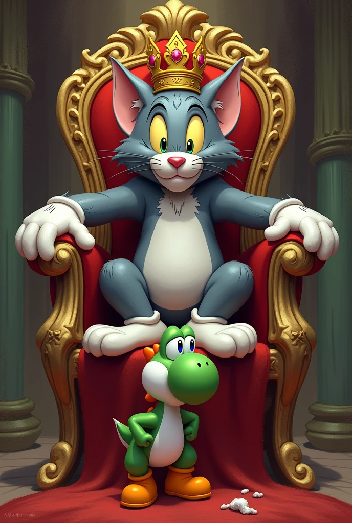 Has a Tom ( Tom and Jerry ) on a throne and below the throne a depressed gray Yoshi