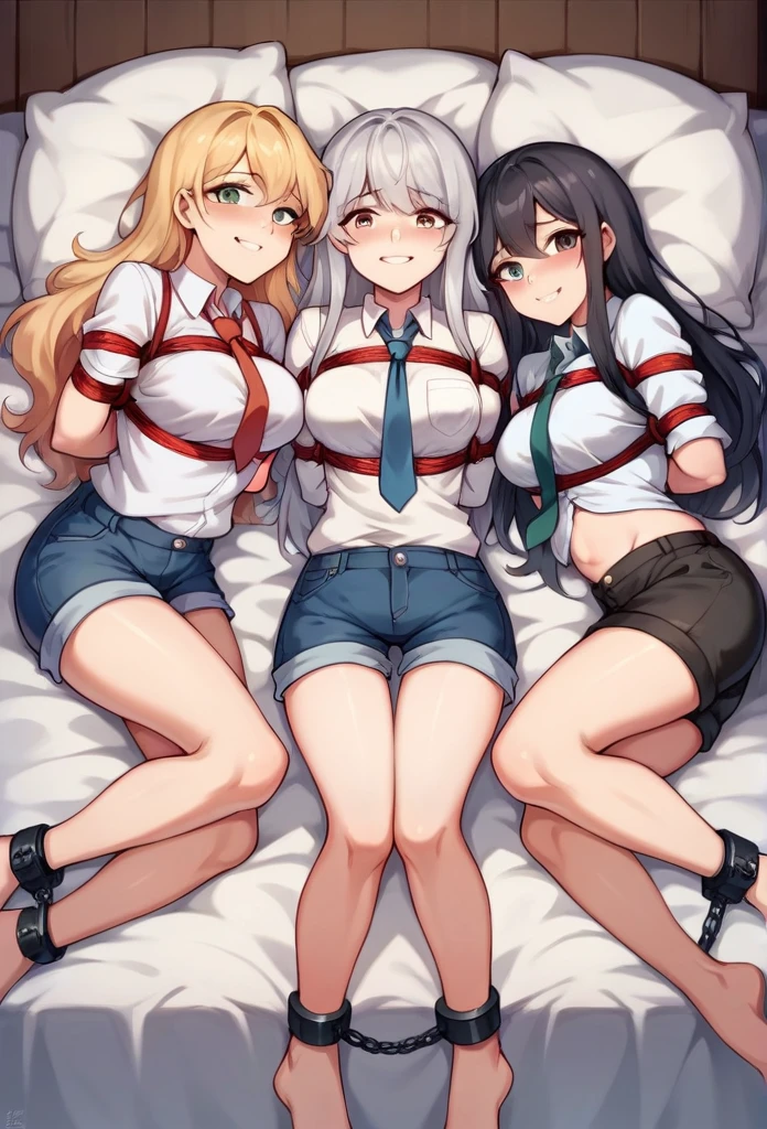 NSFW,vulgarity,,3girls[:1.5],,Silver hair, cute girl, ,,,Long Black Hair,BDSM[:1.5],,,,,,,Strawberry Blonde Hair,,restrained[:1.5],shackles[:2], teasing smile,restrained,pigeon toed,Tie a rope around your chest,Shorts
