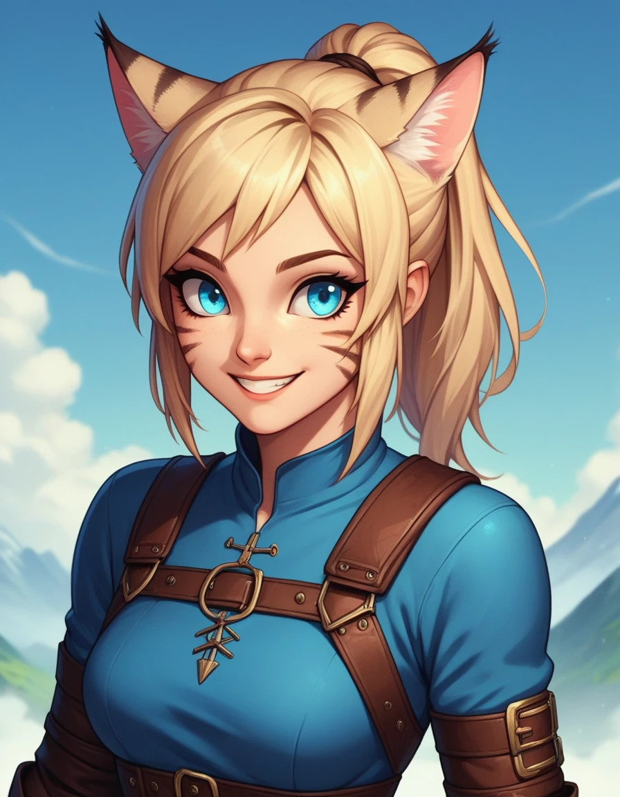 score_9,score_8_up,score_7_up, score_6_up, score_5_up,source_anime, human, Kat, blue eyes, black whisker marks on face, grey cat ears, blonde hair, hair in ponytail, wearing blue tunic, brown pants, leather gauntlets, leather straps and adventuring gear, leather boots,big smile, on a mountain pass trail,