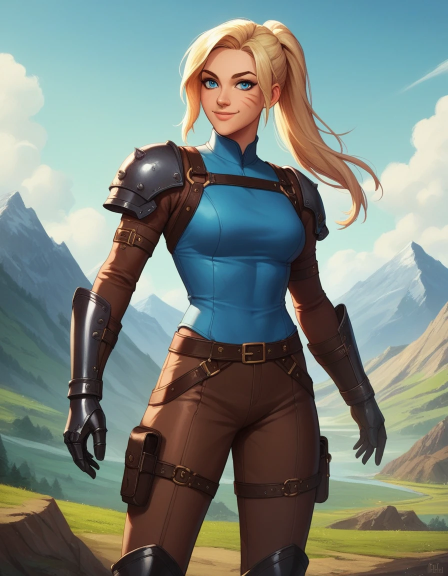 score_9,score_8_up,score_7_up, score_6_up, score_5_up,source_anime, human, Kat, blue eyes, black whisker marks on face, blonde hair, hair in ponytail, wearing blue tunic, brown pants, leather gauntlets, leather straps and adventuring gear, leather boots,big smile, on a mountain pass trail,