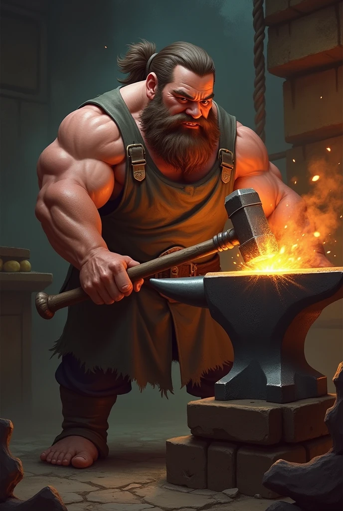 2D, muscular, blacksmith, man with beard, hammer in hand hitting an anvil