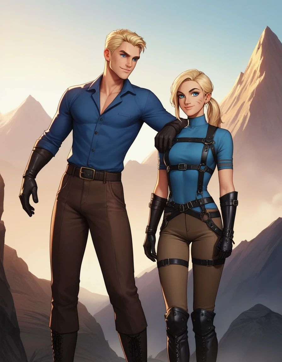 score_9,score_8_up,score_7_up, score_6_up, score_5_up,source_anime, human, Kat, blue eyes, black whisker marks on face, blonde hair, hair in ponytail, wearing blue tunic, brown pants, leather gauntlets, leather straps and adventuring gear, leather boots,big smile, on a mountain pass trail, 