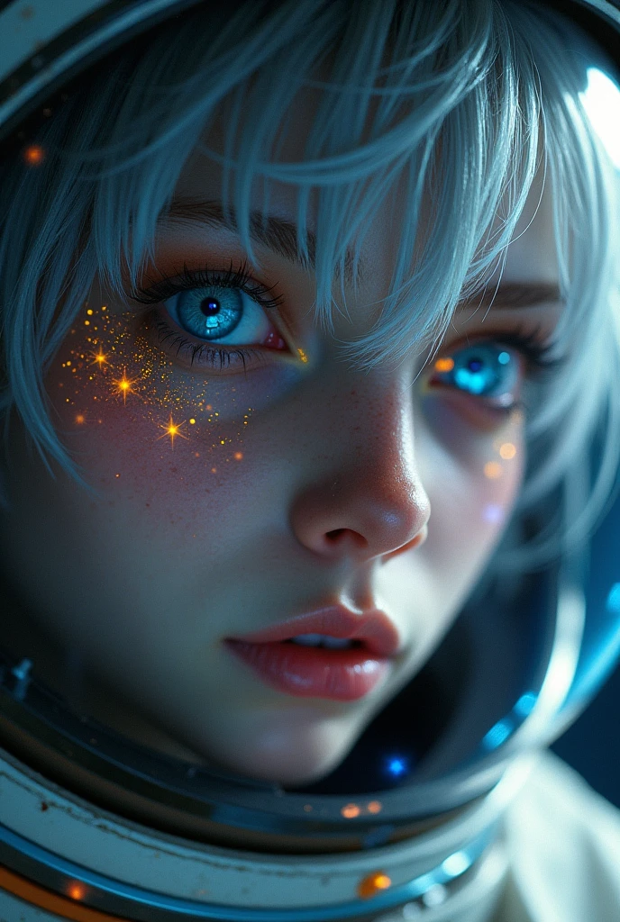 (Close-up of a better masterpiece:1.5)0.9], (Space and astronauts:1.2) (Messy silver hair:1.1) (Heterochromia xanthochromia and blue eyes:1.2) (Space Helmet:1.0) (Colored stars in the eyes:1.0) (A radiant glow:1.1) (thick lips:0.9)