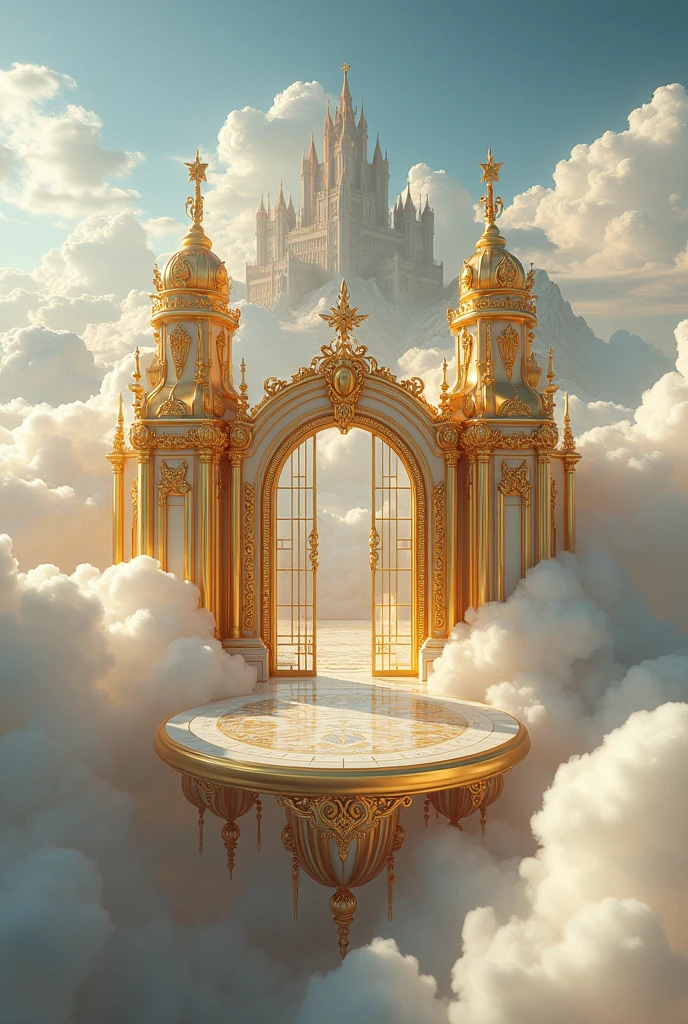Generate a kingdom in the sky of gold with glass windows 2 meters high and 15 meters wide with a gold wall and two main doors with pearls in the clouds and in the background you can see a huge castle like a real photo 