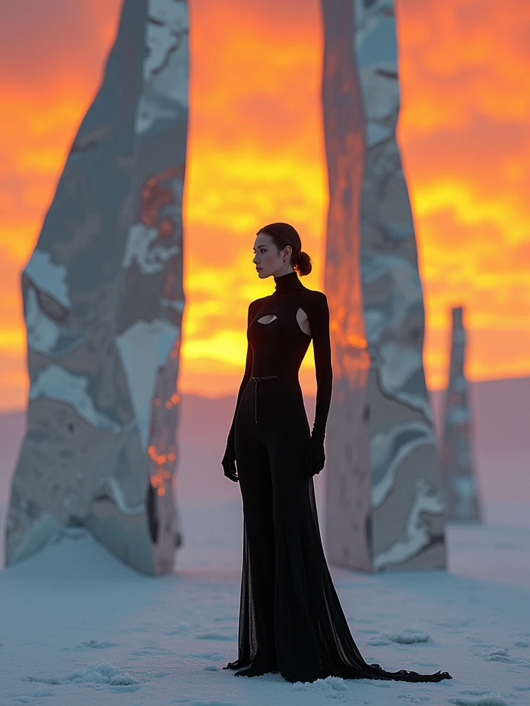 rick owens inspired female fashion model, set in the tundra, surrounded by 20ft abstract spiky shards of highly reflective mirror material, the sky is orange similar to the blade runner desert scene, natural lighting, natural shadows, k