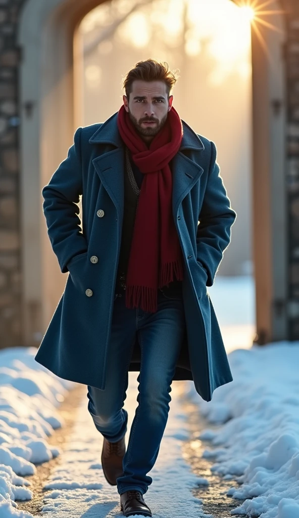 A 21-year-old young rich man with a small beard and big mustache wearing a very lush bluish pent coat and a red muffler, rushing out of the mansion in the morning light, looking frantic and worried. The snow-covered ground is bright with morning light, showing the passage of time from night to day.