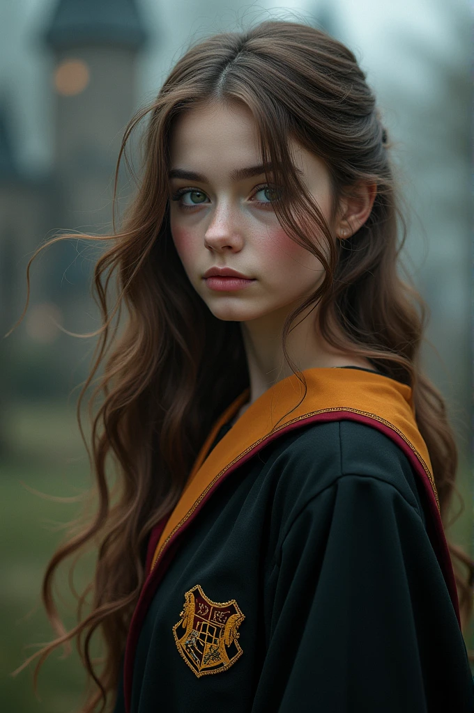 Beautiful girl with soft features and brown hair in Harry Potter robes