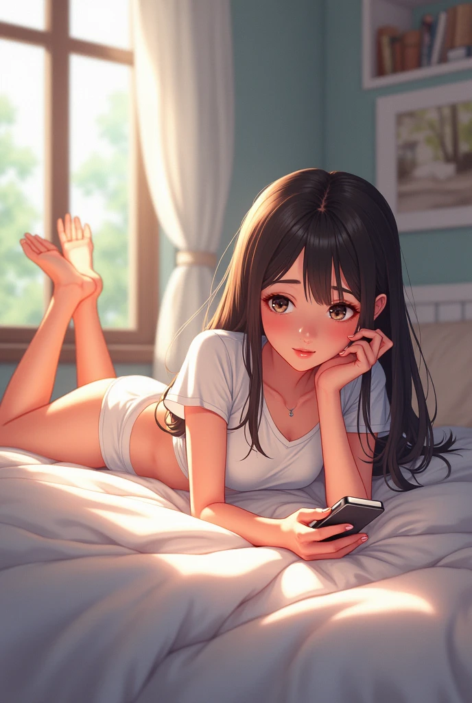 (masterpiece, best quality:1.2), perfect anime illustration of 1girl lying on bed, on stomach, watching smartphone, white panties, white crop top, bedroom, morning, sunlight, best shadows, best lighting, absurdres, trending on artstation