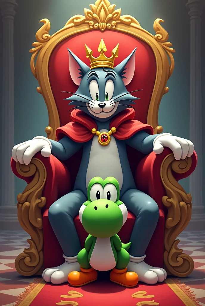 Has a Tom ( Tom and Jerry ) on a throne and below the throne a Yoshi "color gris" depressed