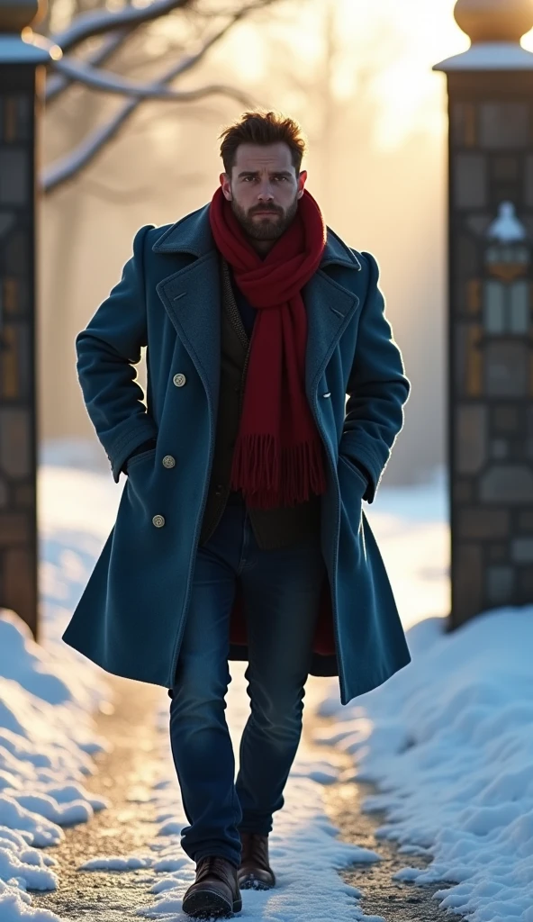 A 21-year-old young rich man with a small beard and big mustache wearing a very lush bluish pent coat and a red muffler, rushed out of the mansion gate in the morning light, looking frantic and worried. The snow-covered ground is bright with morning light, showing the passage of time from night to day.