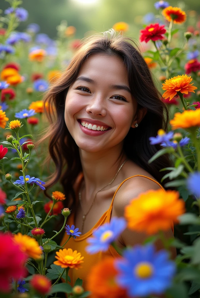Happy woman with multi-colored flowers