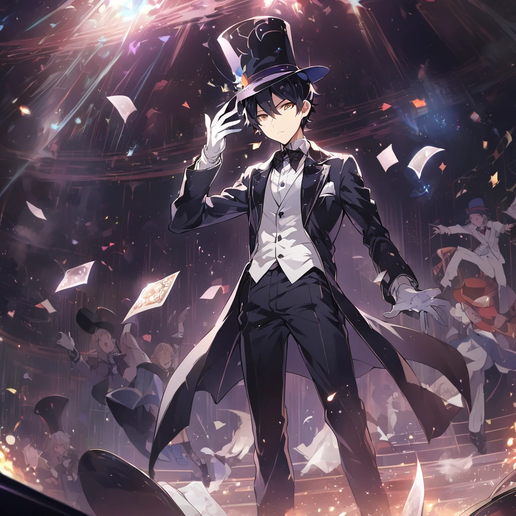 A young man,Occupation: Magician,Wearing a black tuxedo,Wear a magic hat on your head,Wearing white gloves,Perform magic tricks on stage。Mid-ground composition,Full body pictures,Anime illustration style,HD,4K。