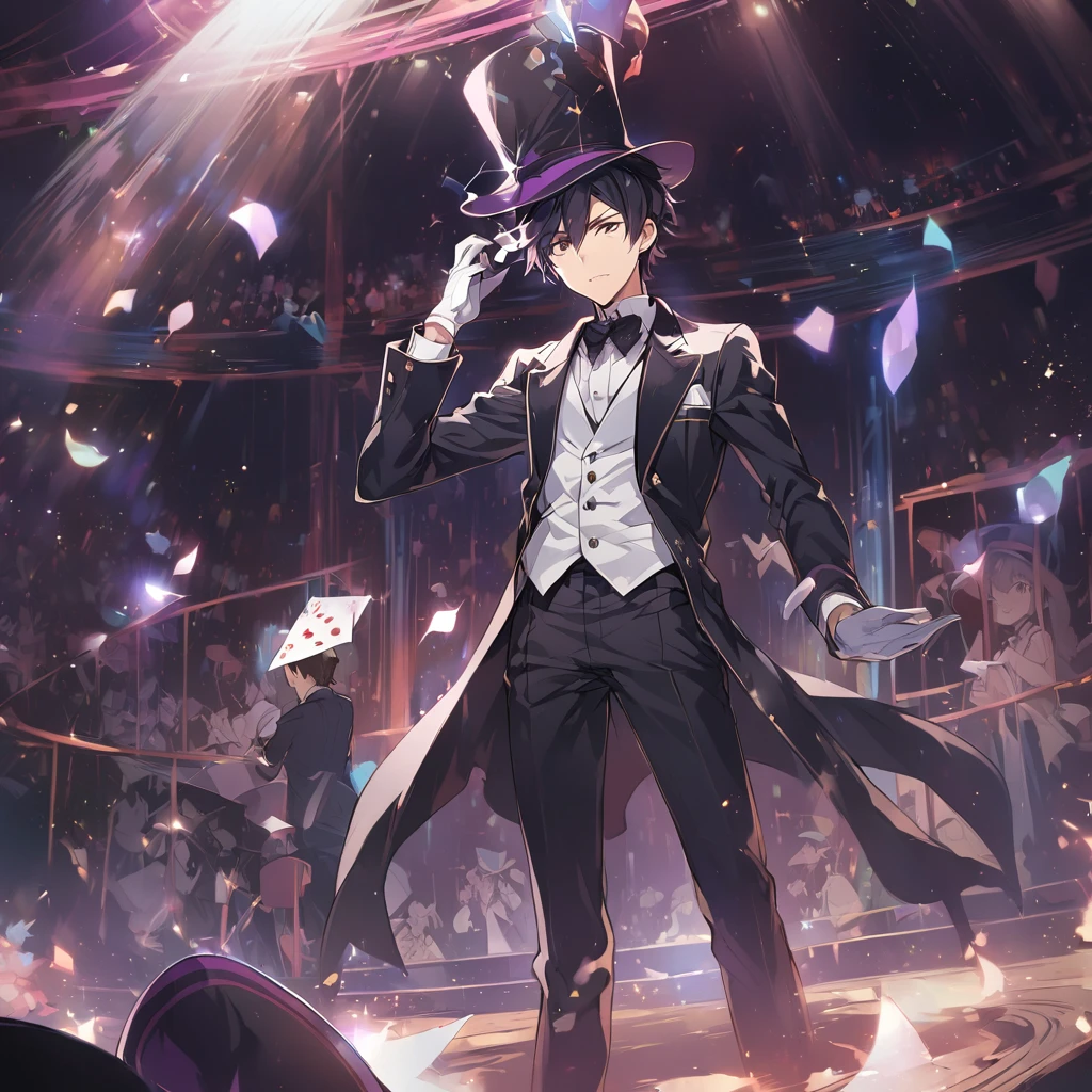 A young man,Occupation: Magician,Wearing a black tuxedo,Wear a magic hat on your head,Wearing white gloves,Perform magic tricks on stage。Mid-ground composition,Full body pictures,Anime illustration style,HD,4K。