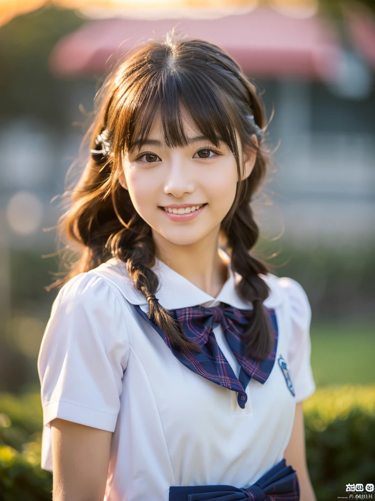 (((masterpiece))), Highest quality, Ultra-detailed, Very detailed, Detailed Background, light, Very beautiful girl, Japanese, 20th Generation, Detailed face, alone, smile, (whole body:1.3), (Random Hairstyles :1.2), bangs, ((Fuller lips)), (Perfect body:1.1), ((school uniform)), Sunrise glow, summer, In 8K, wallpaper, wonderful, In detail, Very detailed, Ultra-high resolution, Very detailed, Pure erotic face, Very detailed目と顔, Beautiful attention to detail, Very detailed皮膚, No makeup, (Natural Skin),