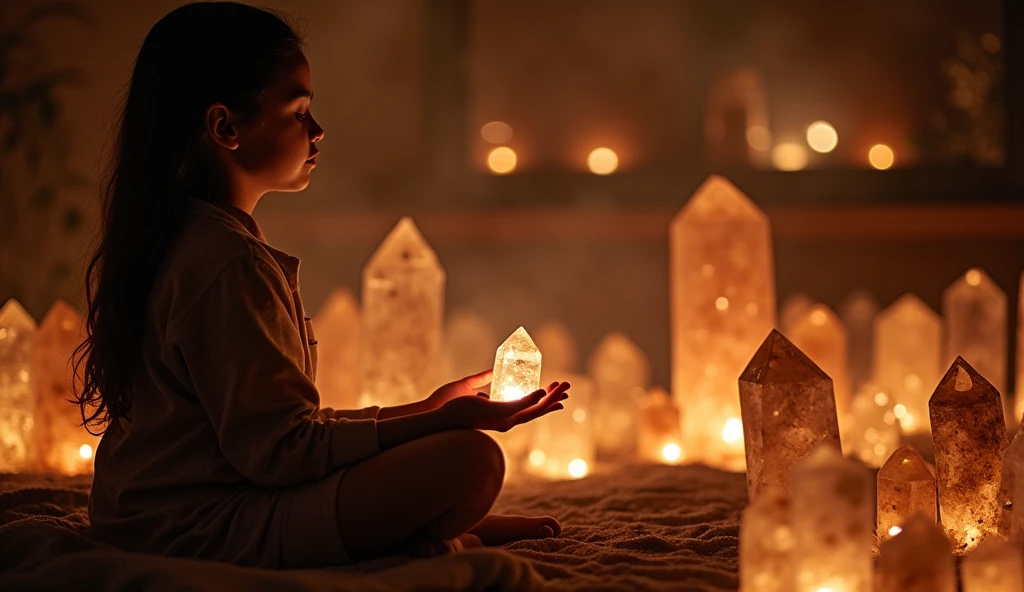 Girl meditates with smoky quartz in her hand Illuminated room filled with smoky quartz