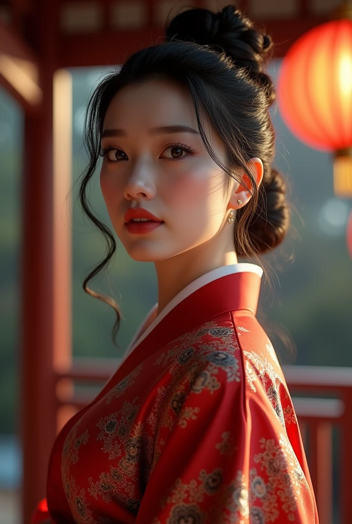 40 year old beautiful Korean woman,thick bodied,big chested,thick thighs,big ass,wearing hanbok,seductive smile facial expression,black hair color in bun,brown eye color,full body photo distance,dynamic point of view,pose model,Cinematic Light.