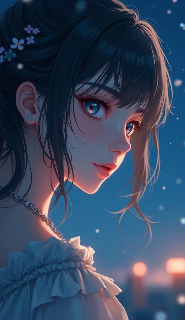 One beautiful girl,Highest quality,masterpiece,detailed,night,One beautiful girl,The scent of flowers drifts,風が囁くnight, A light seen in the distance,Let yourself be led,Close up of face