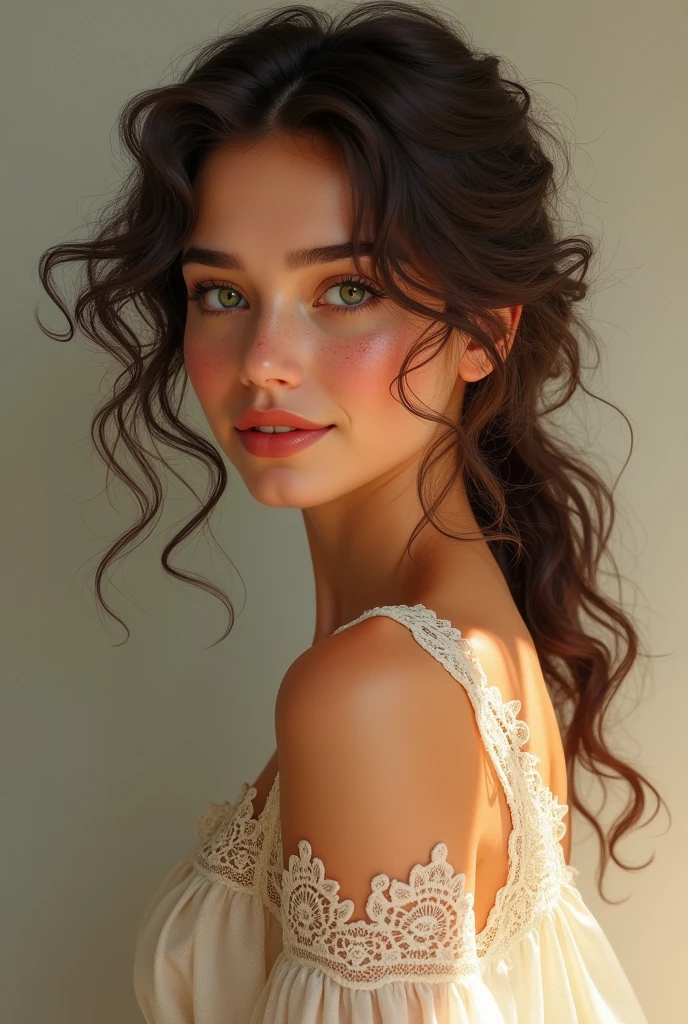 30 years old woman with freckles and golden skin. Green eyes, curly hair and lace dress