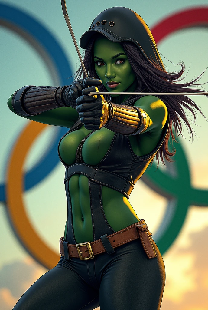 Gamorra character from Guardians of the Galaxy with a bow and arrow with the background of the image with the Olympic symbol