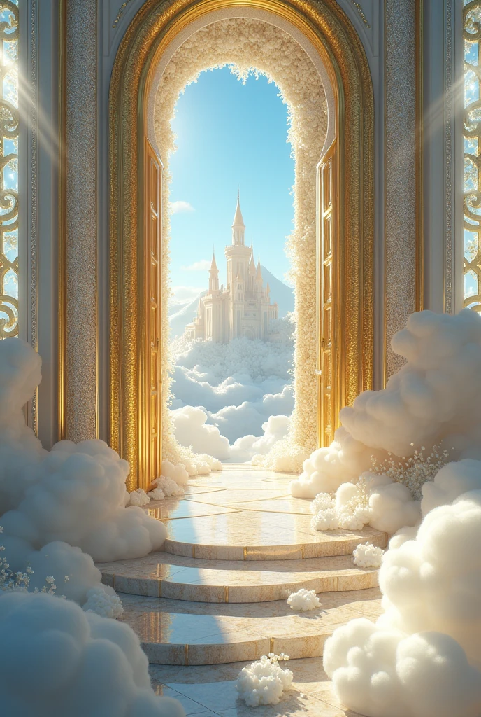 Generate a kingdom in the sky of gold with glass windows 2 meters high and 15 meters wide with a gold wall and two main doors with pearls in the clouds and in the background you can see a huge castle like a real photo 