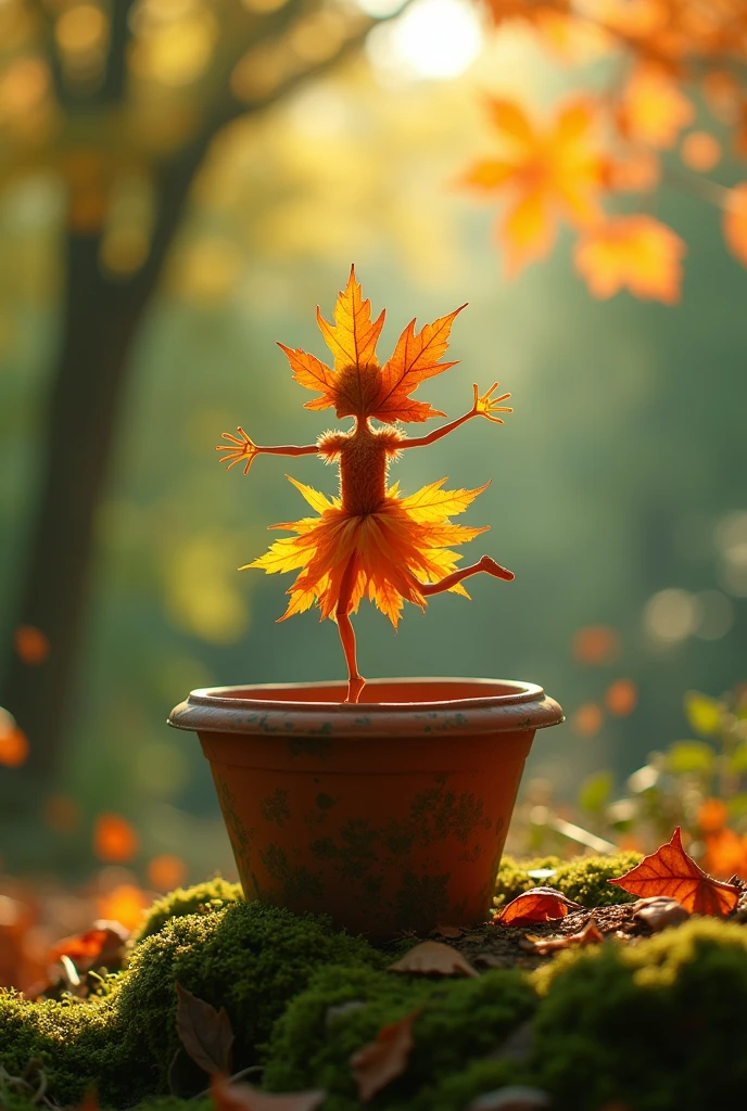 A whimsical miniature figure composed
of delicately arranged autumn leaves,
poised in a carefree dance on the rim of
a weathered, moss-covered terracotta
pot, set against a lush, vibrant forest
backdrop, where dappled sunlight filters
through the canopy above, casting
intricate shadows, The overall aesthetics
is ethereal, with warm. earthy tones of
sienna, number, and olive green, infused
with hints of emerald and golden light,
evoking sense of wonder and enchantment, as if plucked from a
fantastical realm.