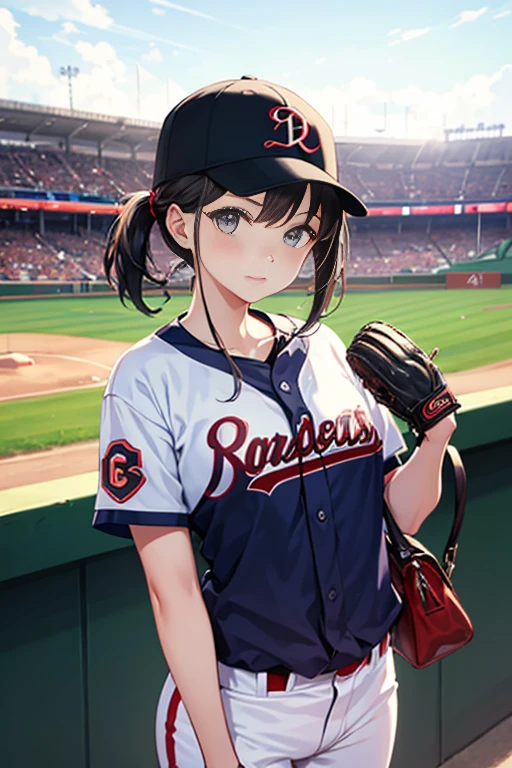 A beautiful girl holding a glove and watching a baseball game