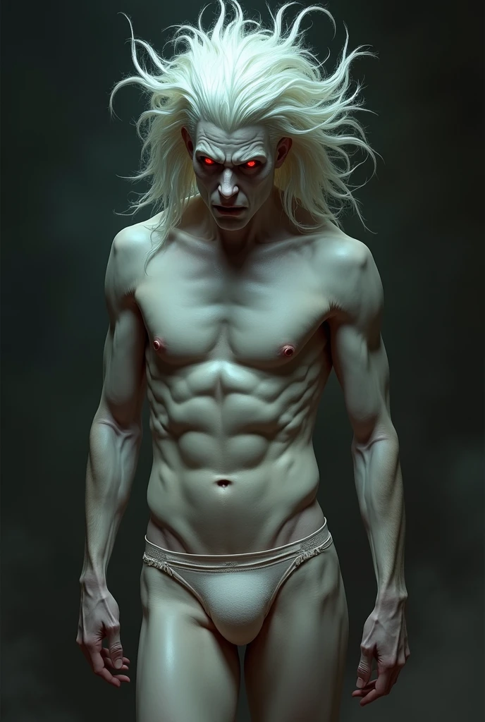 White skinned male character, red-eyed, white hair and has the appearance of a wild and evil man, with panties 