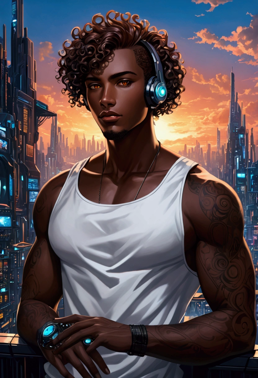 Make a character with curly hair, male, brown eyes, well-drawn and structured hands, full lips, relaxed style eyes, Black skin, wearing a white tank top, cyberpunk scenary, dark blue sky, WizardLM-2 8x22B style art, realism art