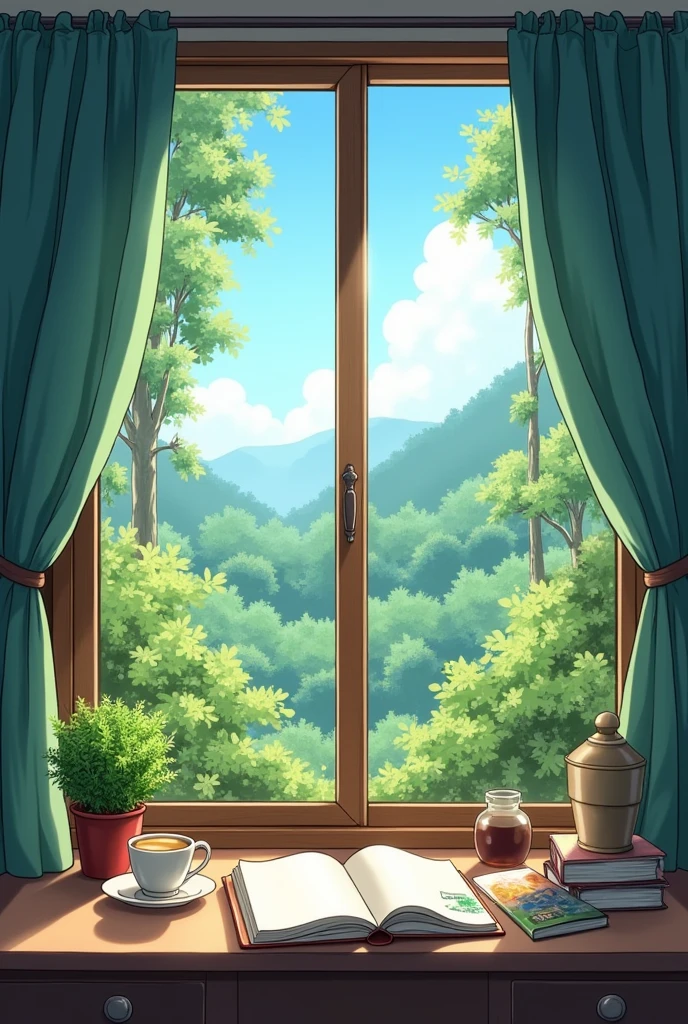 Open window with a beautiful nature landscape, with trees and plants, leaning against the window there is a table with a notebook, books and a cup of tea, around the window there are curtains and plants in anime style