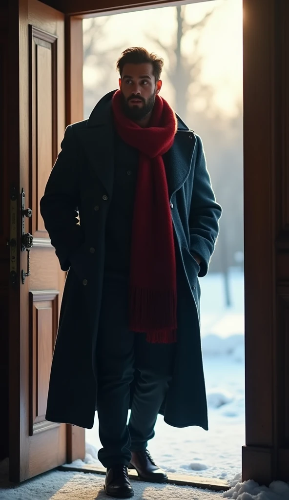 A 21-year-old young rich man with a small beard and big mustache wearing a very lush bluish pent coat and a red muffler, coming out of the mansion door in the morning light, looking frantic and worried. The snow-covered ground is bright with morning light, showing the passage of time from night to day.