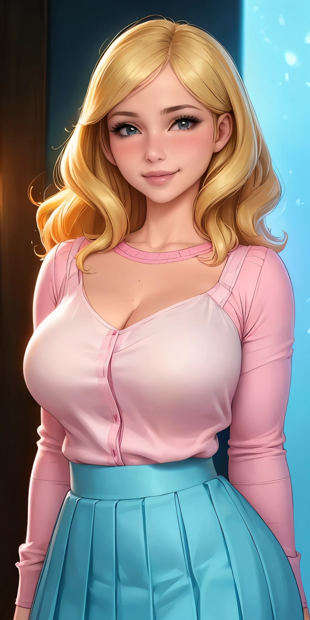 (best quality, ultra-detailed, photorealistic: 1.39), bright and vibrant colors, studio lighting, romantic expression, big breasts, pink lips, shy smile, just a blonde girl in a strap blouse, beautiful pleated skirt, wavy skirt