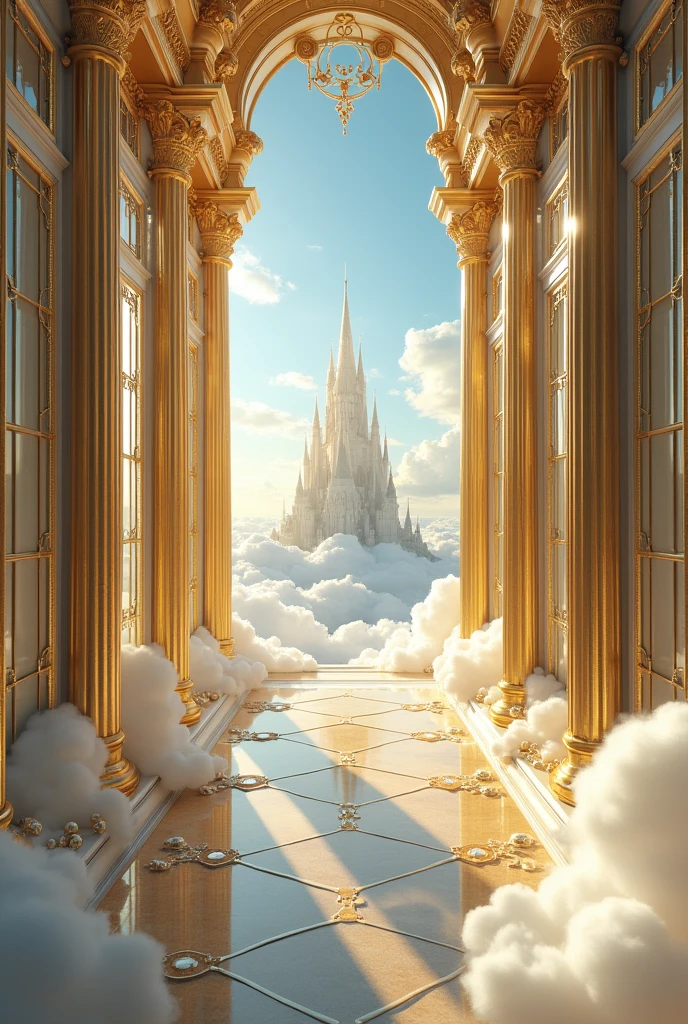 Generates a kingdom in the sky of gold with glass windows 2 meters high, 15 meters wide and two main doors with pearls in the clouds and in the background you can see a huge castle like a real photo 