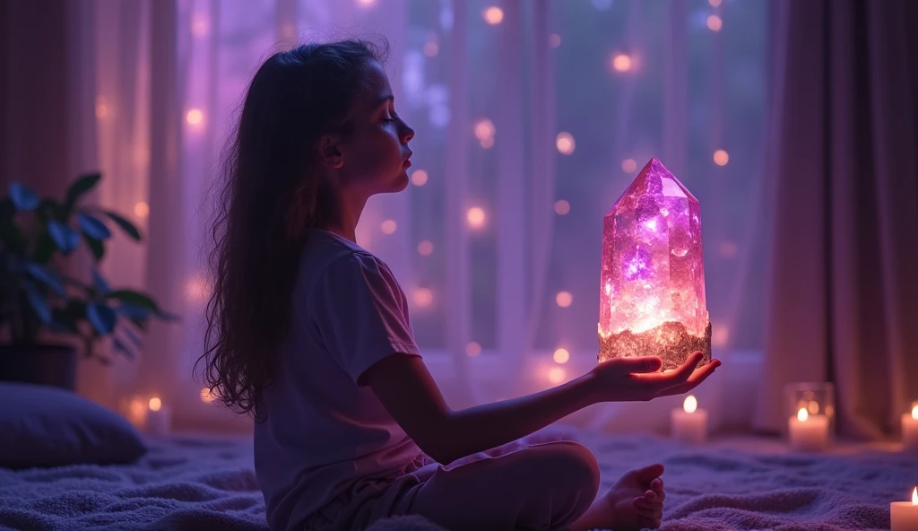Girl meditates with smoky quartz in her hand Illuminated room filled with smoky quartz and violet tones
