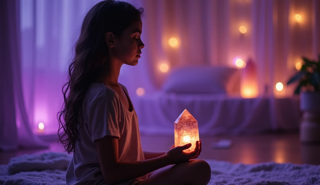 Girl meditates with smoky quartz in her hand Illuminated room filled with smoky quartz and violet tones