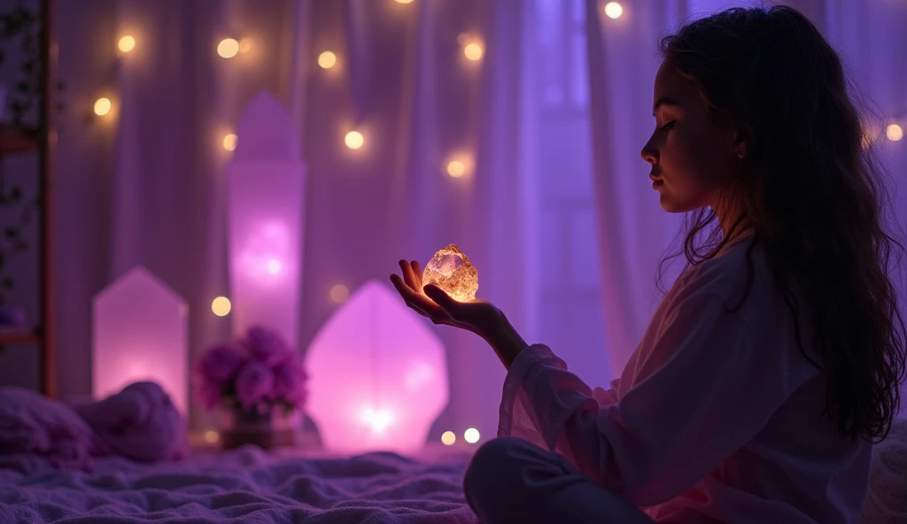 Girl meditates with smoky quartz in her hand Illuminated room filled with smoky quartz and violet tones