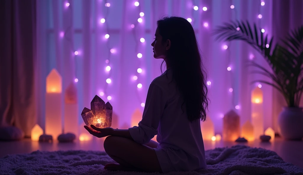 Girl meditates with smoky quartz in her hand Illuminated room filled with smoky quartz and violet tones