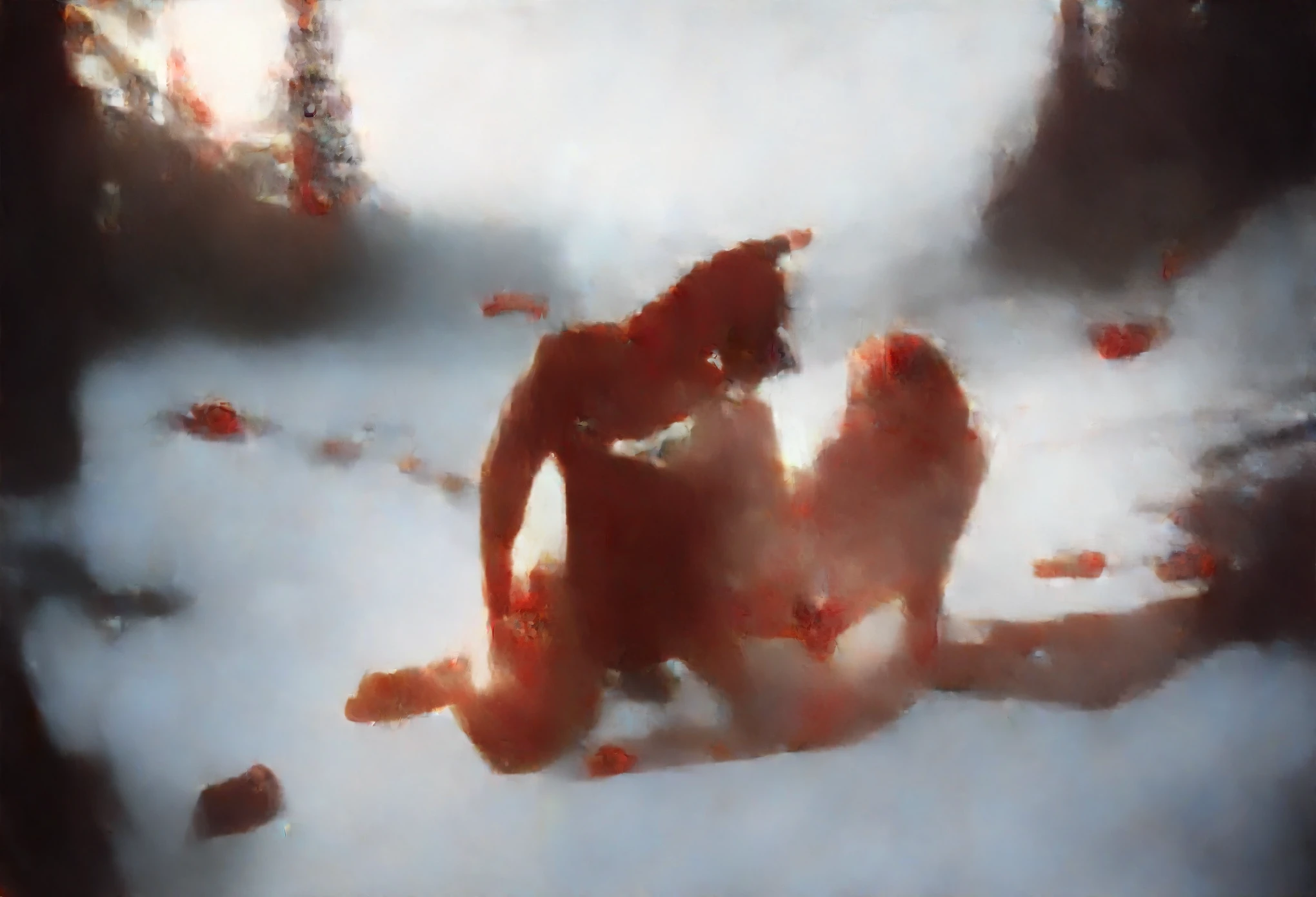 NSFW (nude) (Anna ((human)) medium breasts, strip of pubic hair) vaginal penetration fucking (((nude male furry red dog with red dog penis))), full body, in a deserted snowy landscape