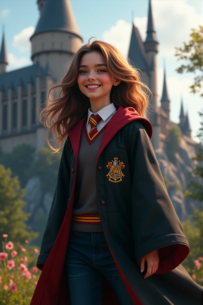 Pretty, happy young girl with brown hair in Harry Potter robe