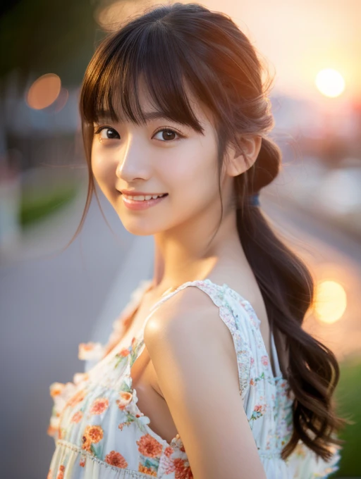 (((masterpiece))), Highest quality, Ultra-detailed, Very detailed, Detailed Background, light, Very beautiful girl, Japanese, 20th Generation, Detailed face, alone, smile, (whole body:1.3), (Random Hairstyles :1.2), bangs, ((Fuller lips)), (Perfect body:1.1), ((Fashionable clothes)), Sunrise glow, summer, In 8K, wallpaper, wonderful, In detail, Very detailed, Ultra-high resolution, Very detailed, Pure erotic face, Very detailed目と顔, Beautiful attention to detail, Very detailed皮膚, No makeup, (Natural Skin),