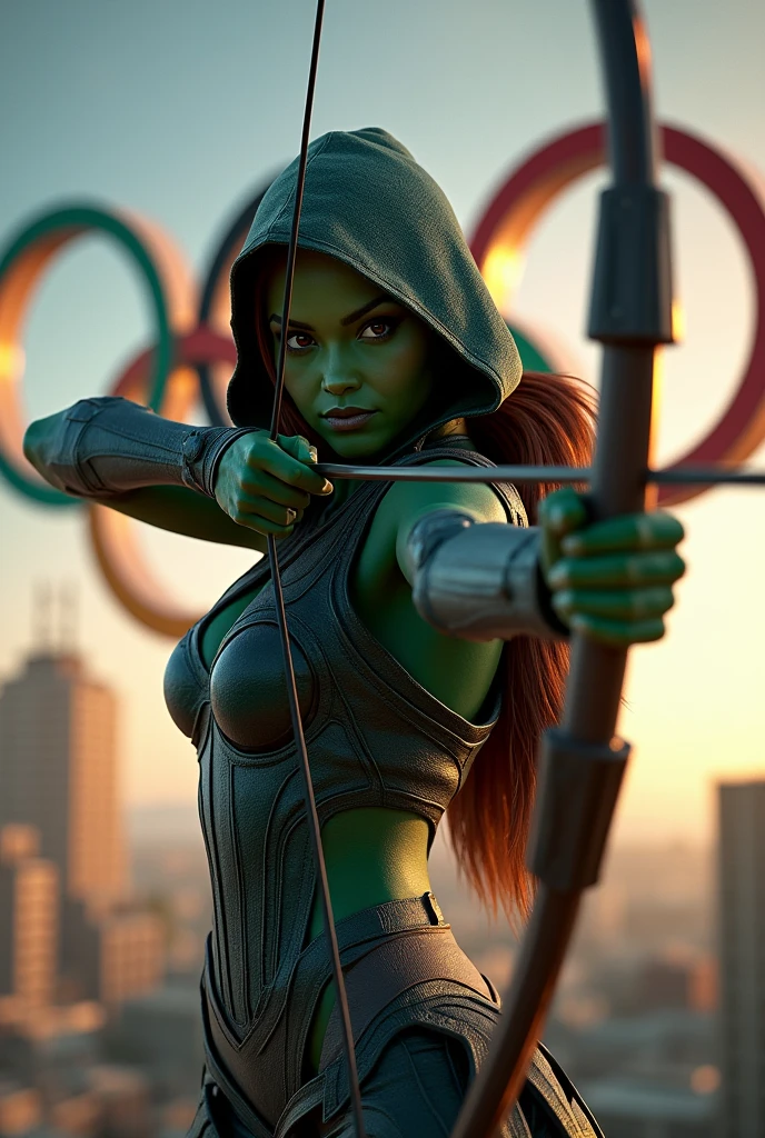 Gamorra, a character from the Guardians of the Galaxy movie, with a bow and arrow, with the Olympic symbol in the background.