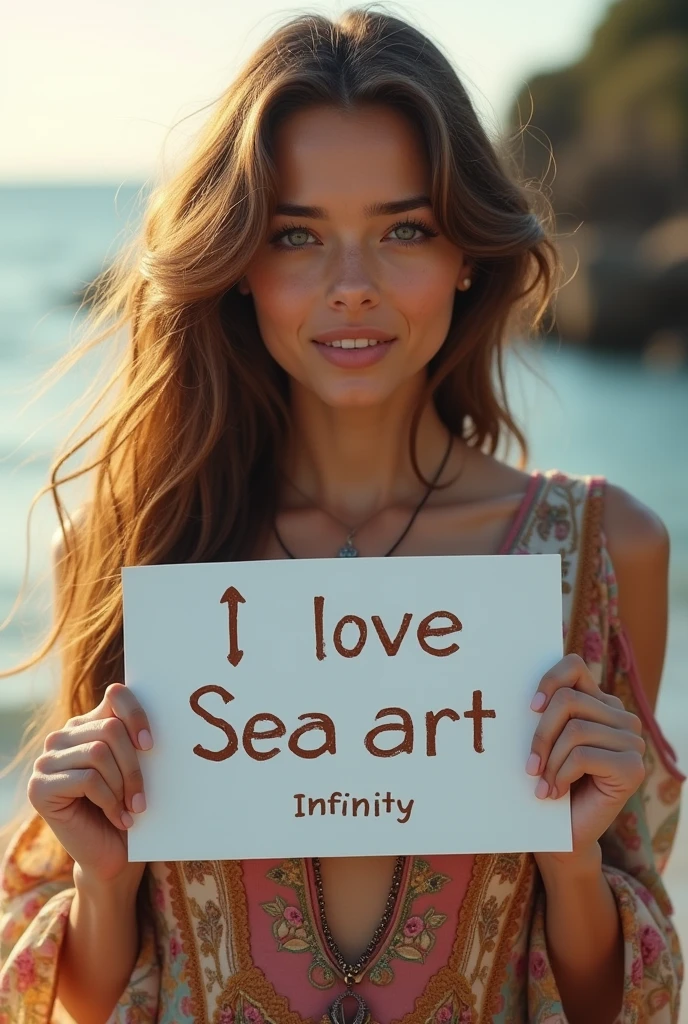 Beautiful girl with wavy long hair, bohemian dress, holding a white board with text "I Love Seaart Infinity" and showing it to the viewer