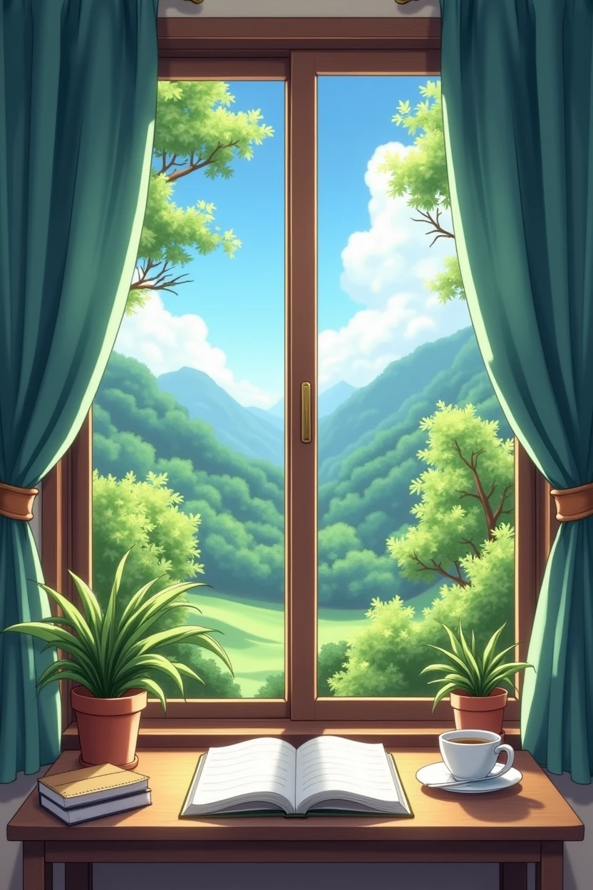 Open window with a beautiful nature landscape, with trees and plants, leaning against the window there is a table with a notebook, books and a cup of tea, around the window there are curtains and plants in anime style