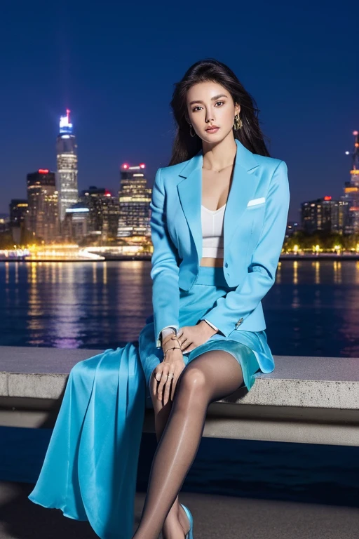 ((Highest quality、Ultra-high resolution、masterpiece))、(Full Body Portrait)、Light Blue Blazer、(blouse:1.1)、(light blue long skirt:1.3)、(silk pantyhose)、(Sitting down, her high heels and legs look beautiful.)、1 girl、Mid-chest、(Perfect Anatomy, Perfect body, Perfect hands, Perfect Face, Perfect Eyes, Accurate, Anatomically correct), Perfectly clear and sharp focus, ((Highest quality、Ultra-high resolution, masterpiece, Ultra-realistic))、Modern architecture at night on the background、Professional Lighting