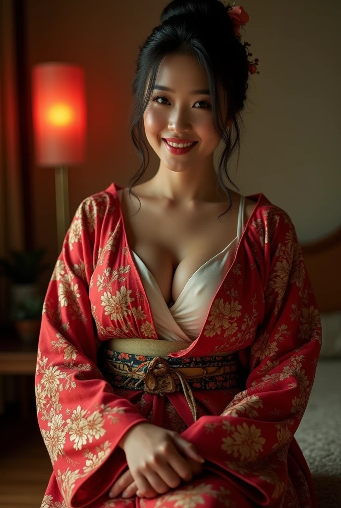 (masterpiece, best quality:1.2), 1 beautiful sexy woman(Wear an off-the-shoulder kimono),,(Smooth skin),E7E48U，so big Breasts，Legs open，on the bed