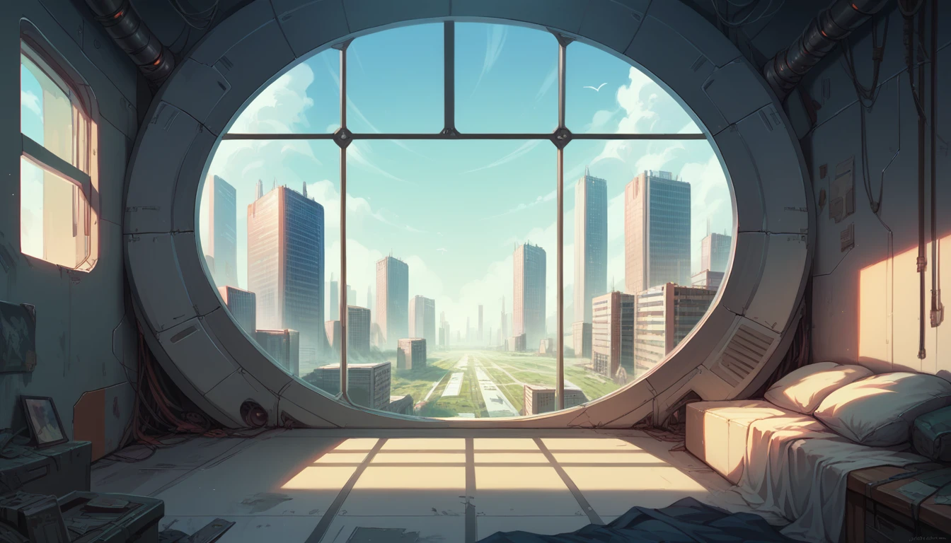( scenery empty spaceship room, window, futuristic city, detailed)
