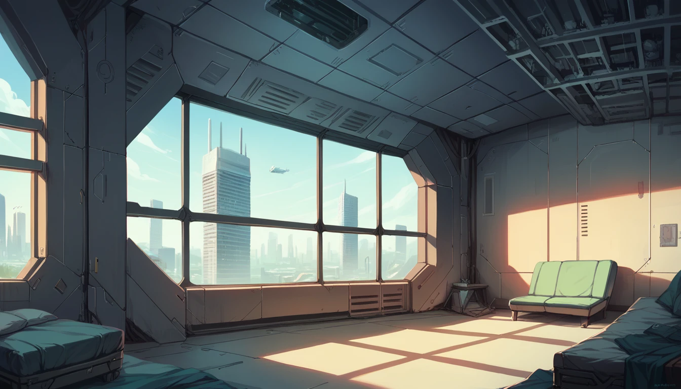  ( scenery empty spaceship room, window, futuristic city, detailed)